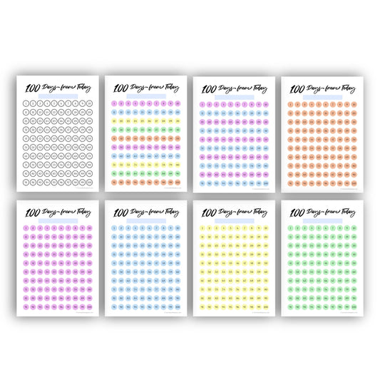 Gallery view of the 8 printable color options for the '100 Days from Today' 100-day challenge calendar, laid out in two rows.