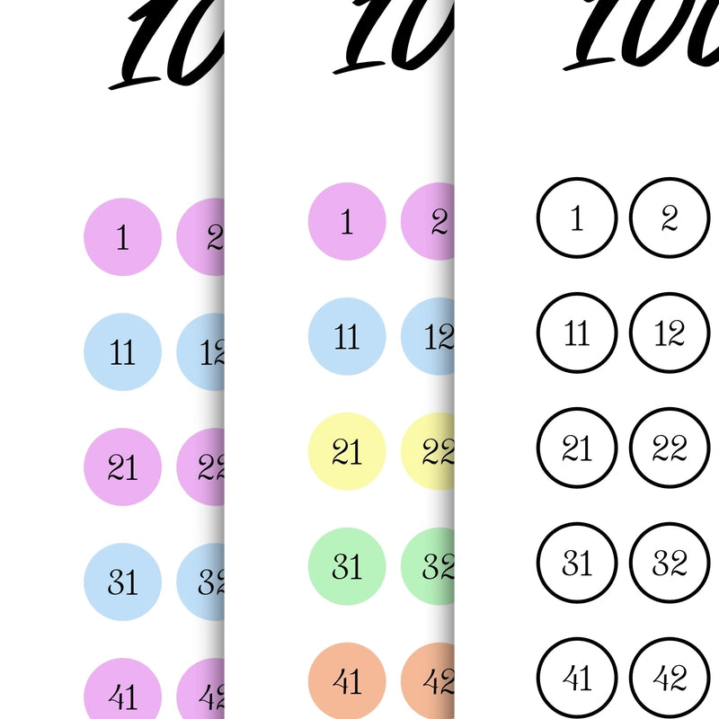 Close-up detail of the '100 Days from Today' printable 100-day challenge calendar, showing the black and white, multicolor, and dual-color variations.