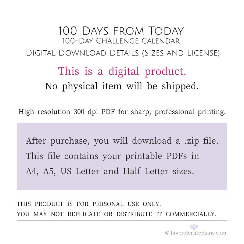 100 Days from Today Challenge Calendar - Digital Download Details including file sizes and personal use license.