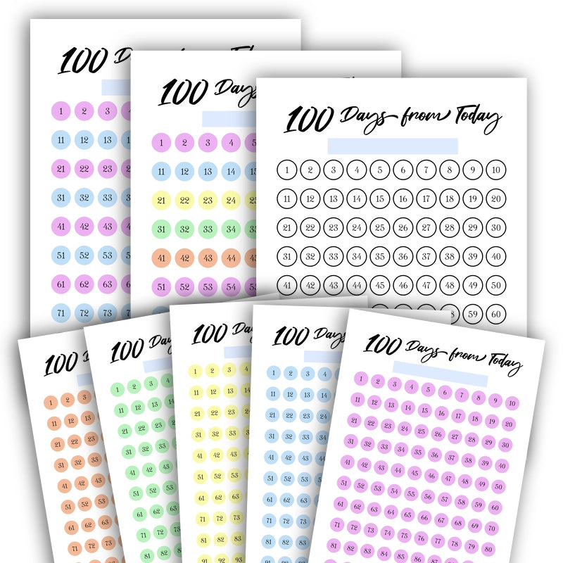 All 8 color variations of the '100 Days from Today' printable 100-day challenge calendar template, including black and white, multicolor, and single color options.
