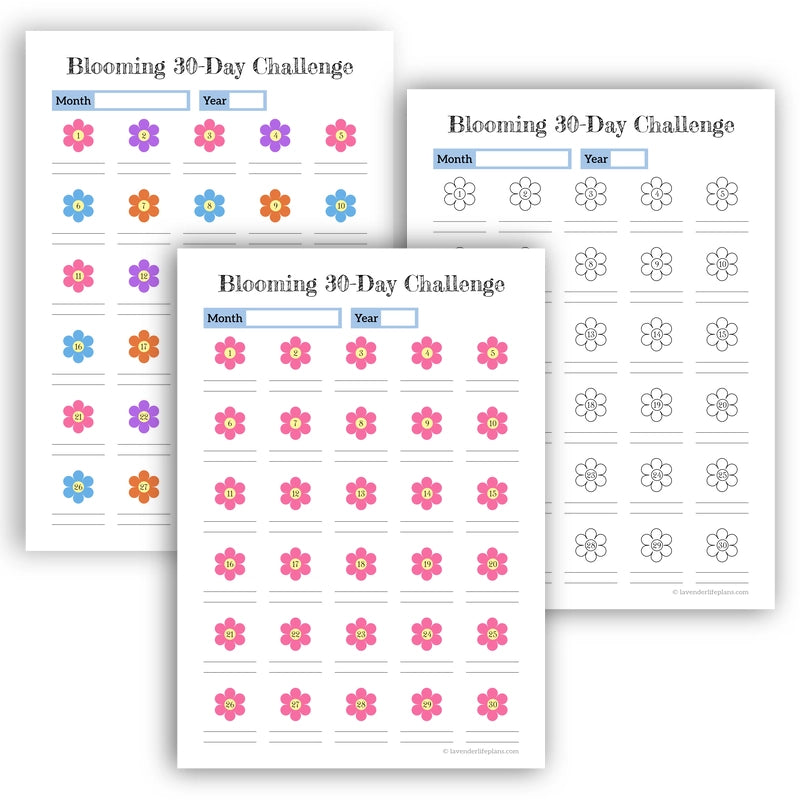 All three printable versions of the Blooming 30-Day Challenge template: pink floral, multi-color floral, and black & white for coloring.