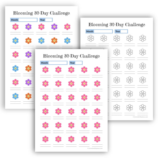 All three printable versions of the Blooming 30-Day Challenge template: pink floral, multi-color floral, and black & white for coloring.