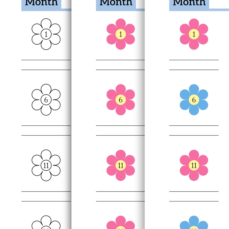 Close-up detail of the printable Blooming 30-Day Challenge template, highlighting the floral pattern and daily goal tracking sections on all three versions.
