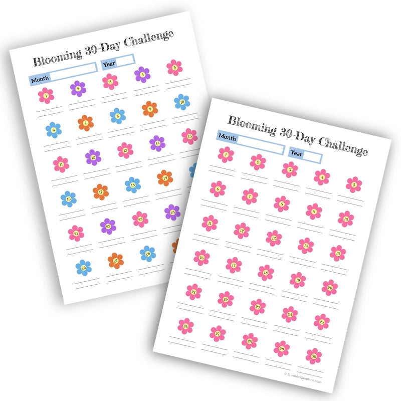 Printable Blooming 30-Day Challenge template shown in two color options: pink floral pattern and multi-color floral pattern.