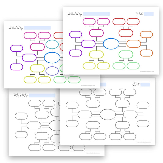 All four included versions of the Blossom Capsule Shapes Mind Map: two distinct layouts, each in colorful and black & white.