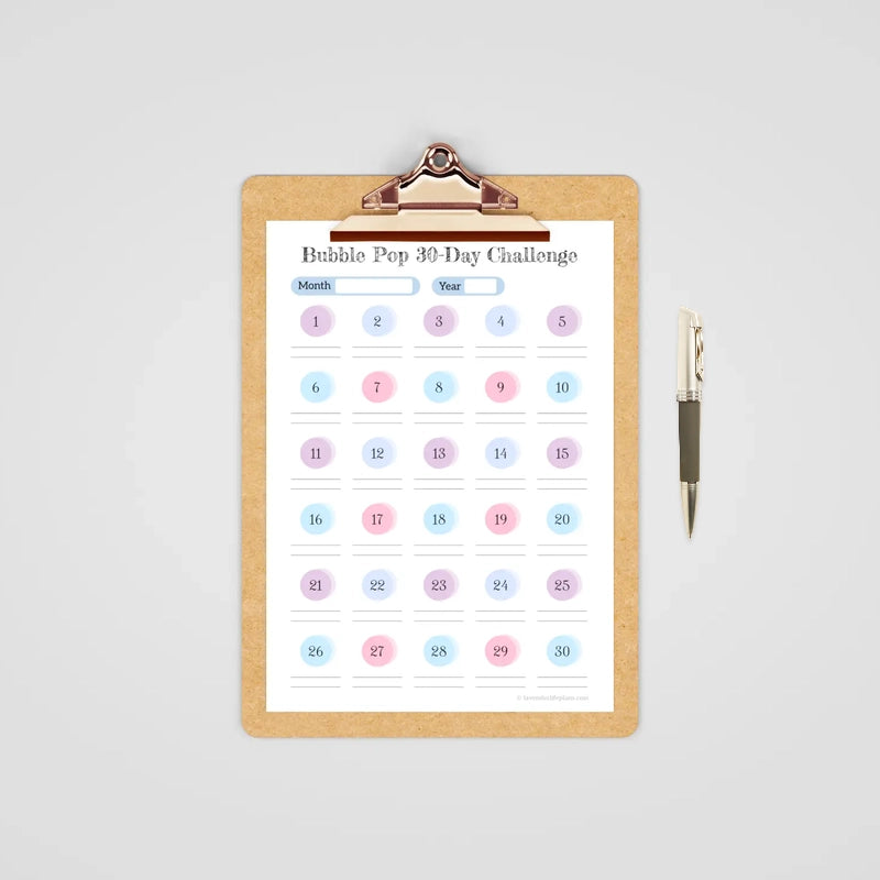 Mockup presenting an example of use for the multi-color version of the Bubble Pop 30-Day Challenge printable template with its circle pattern.