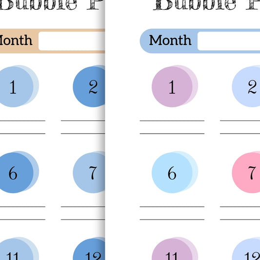 Close-up detail of the Bubble Pop 30-Day Challenge printable template, highlighting the circle pattern design and daily tracking sections in both multi-color and blue tone versions.