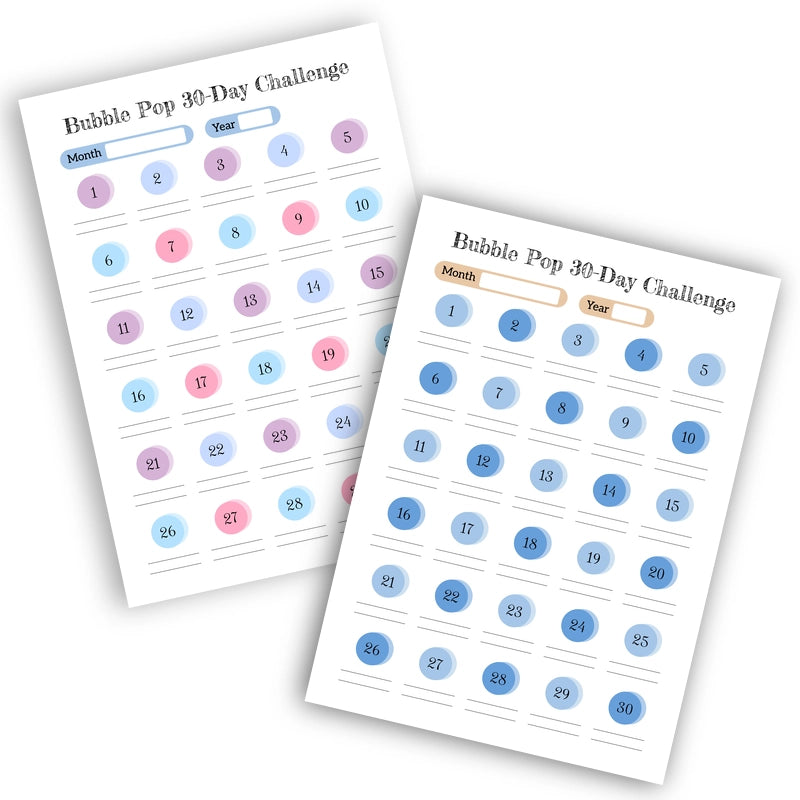 Printable Bubble Pop 30-Day Challenge template shown in two color variations: vibrant multi-color and calming blue tones, both with circle patterns.