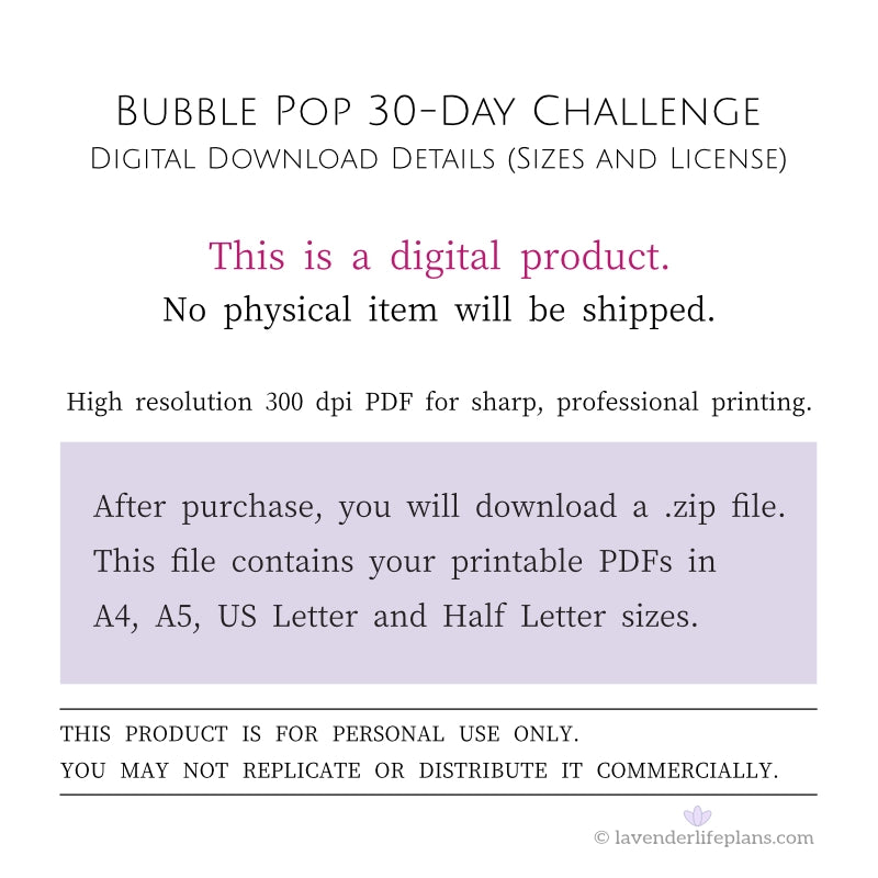 Bubble Pop 30-Day Challenge Template - Digital Download Details including file sizes and personal use license.
