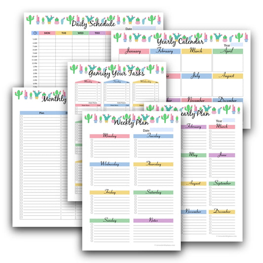 A flat lay image displaying the 6 printable planner templates from the Cactus Garden Productivity Planner set, arranged in an overlapping and perfectly straight vertical stack.