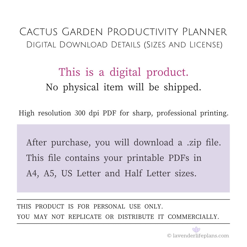 Cactus Garden Productivity Planner - Digital Download Details including file sizes and personal use license.