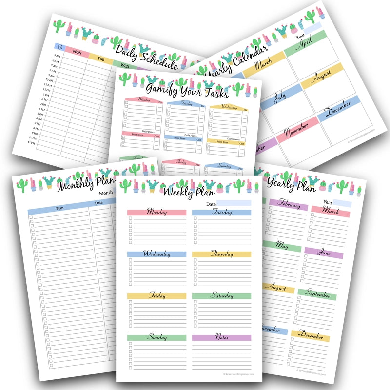 A composition of the 6 printable planner templates from the Cactus Garden Productivity Planner set, shown overlapping with some pages placed at an angle.