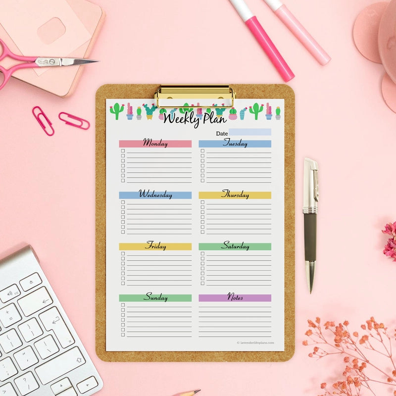 Mockup of the Weekly Planner printable template on a clipboard over a pink desk, part of the Cactus Garden Productivity Planner set.