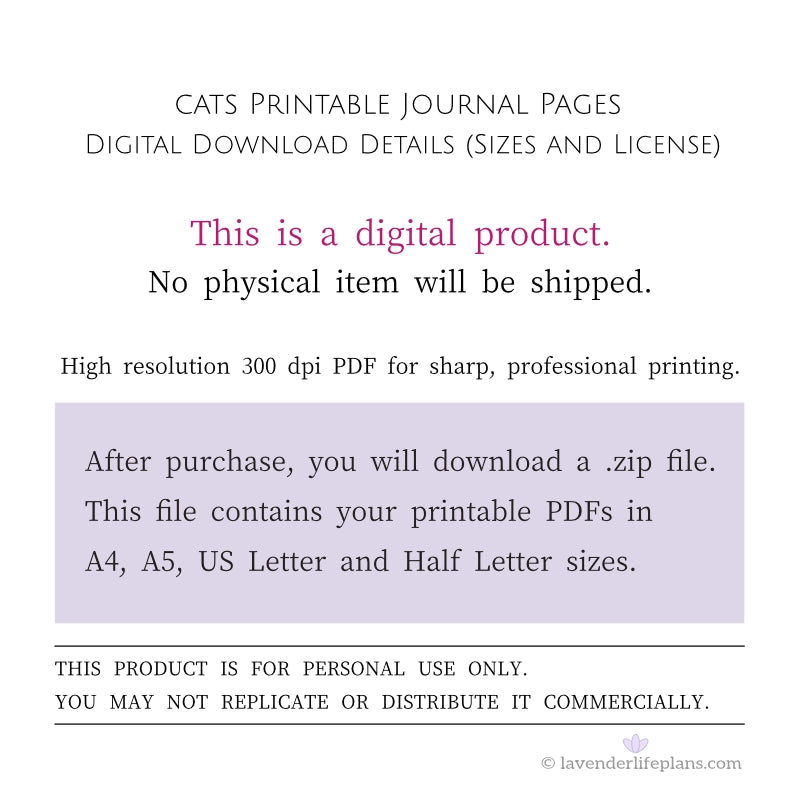 Cats Printable Journal Pages - Digital Download Details including file sizes and personal use license.