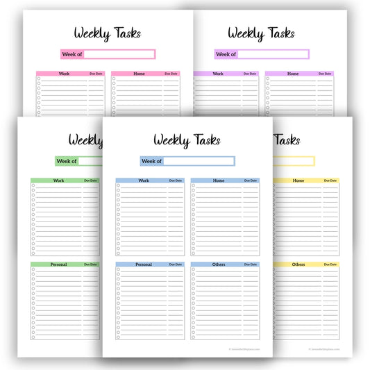 All five color versions of the pre-categorized Core Four Weekly Planner template, designed for balanced weekly planning.