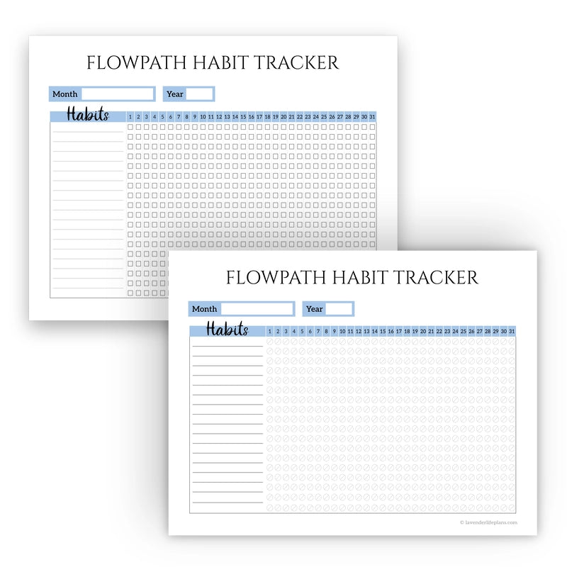 Blank printable versions of the Flowpath Monthly Habit Tracker template, displaying both bubble and checkbox layout options.
