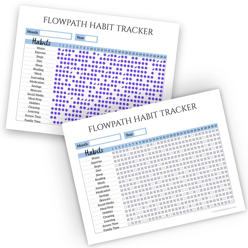 Filled examples of the Flowpath Monthly Habit Tracker printable template: bubble version in one color, checkbox version marked.