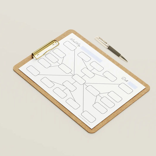 Mockup example of the black and white Focus Board Mind Map Template printable.