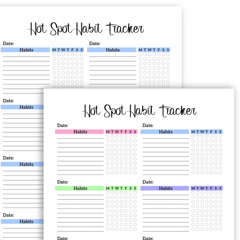 Slightly zoomed view of the blank Hot Spot Weekly Habit Tracker template with its 8-box design, printable and organized.