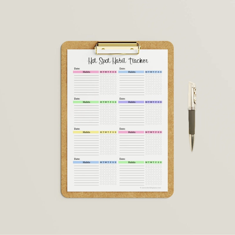 Mockup of the colorful Hot Spot Weekly Habit Tracker printable 8-box layout, ideal for visual progress tracking.