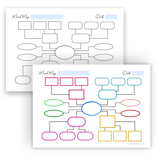 Comparison showing both the colorful and black & white versions of the mixed shapes mind map template.