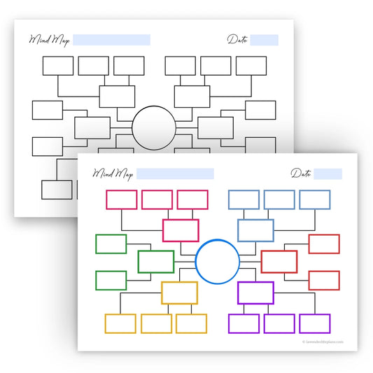Comparison showing both the colorful and black & white versions of the rectangles mind map template printable.