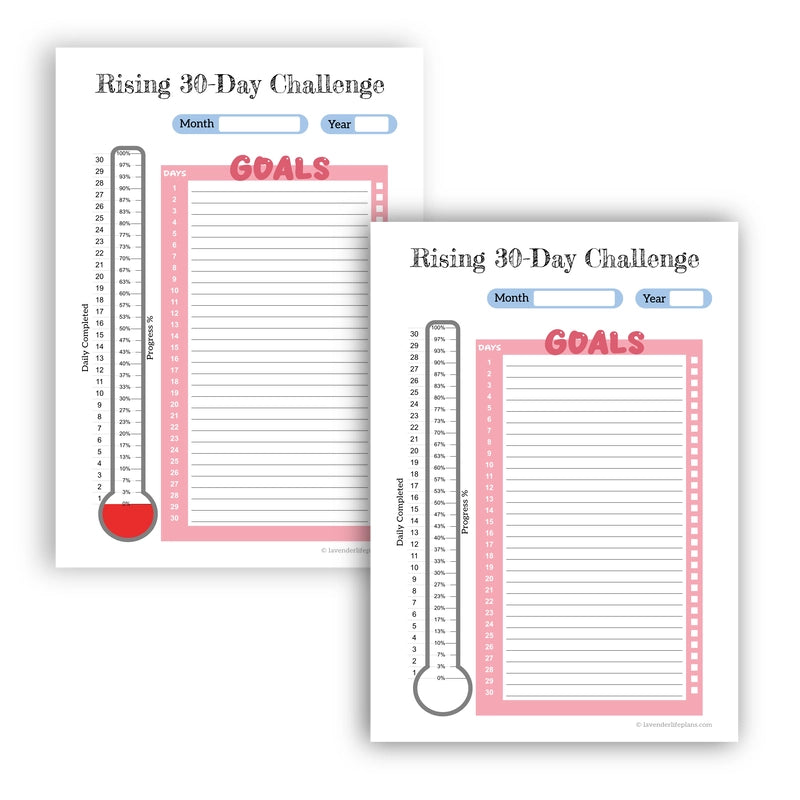 Two blank versions of the Rising 30-Day Challenge printable template, one with an empty thermometer base and one with a pre-colored thermometer base option.