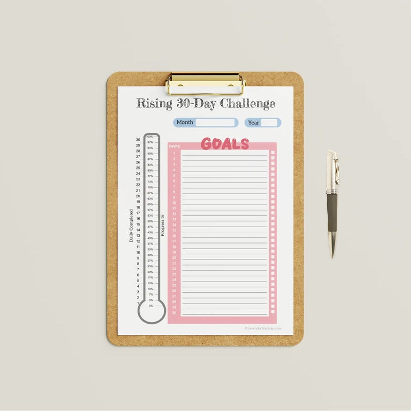 Mockup presenting an example of use for the Rising 30-Day Challenge printable template with its progress thermometer.