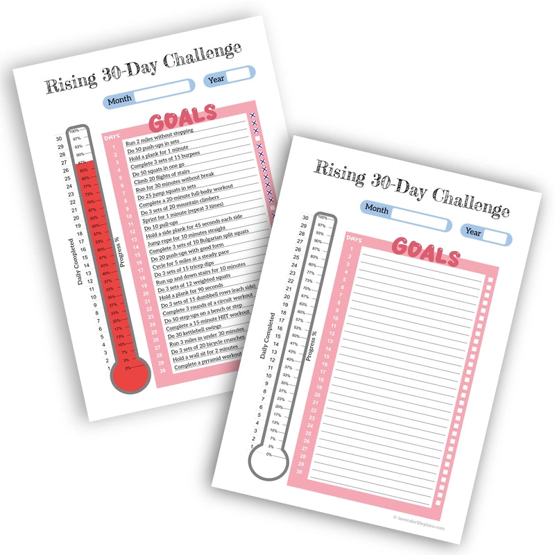 Printable Rising 30-Day Challenge template with progress thermometer, shown alongside a pre-filled example demonstrating its use for tracking goals.