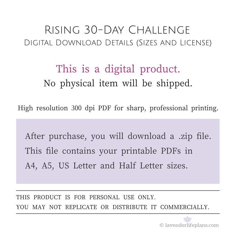 Rising 30-Day Challenge Template - Digital Download Details including file sizes and personal use license.