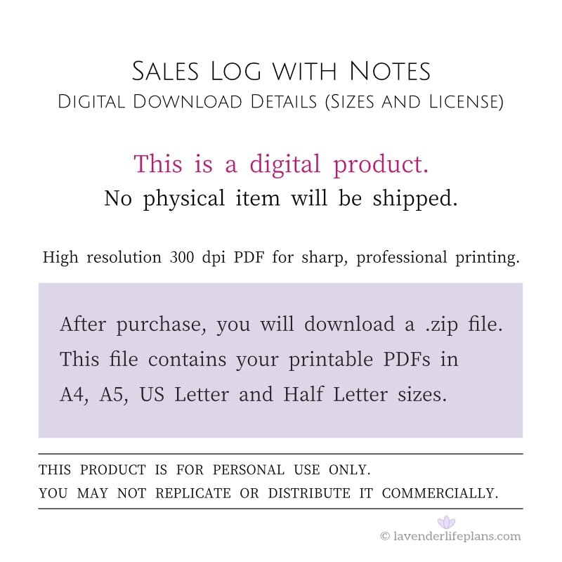 Sales Log for Small Business - Digital Download Details including file sizes and personal use license.