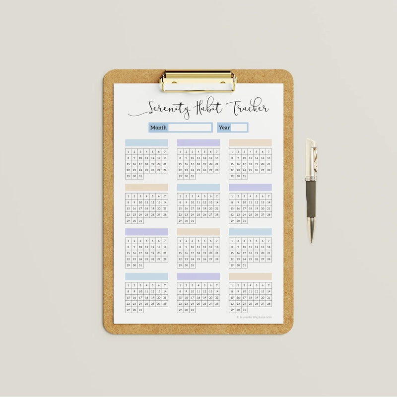 Mockup of the Serenity Monthly Habit Tracker Calendar template, a printable PDF showcasing its minimalist design for tracking up to 12 habits.