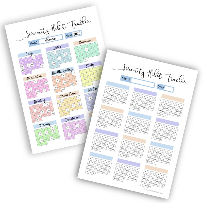 Serenity Monthly Habit Tracker Calendar template, a printable PDF shown blank and with a colorful filled-in example for tracking up to 12 habits.
