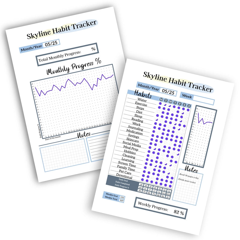 Filled example of the Skyline Habit Tracker printable template, showing its weekly tracking page with bubbles and monthly progress graph page.