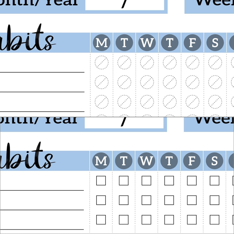 Closeup of the Skyline Habit Tracker's printable template tracking page options, showing both the bubbles and checkbox designs.