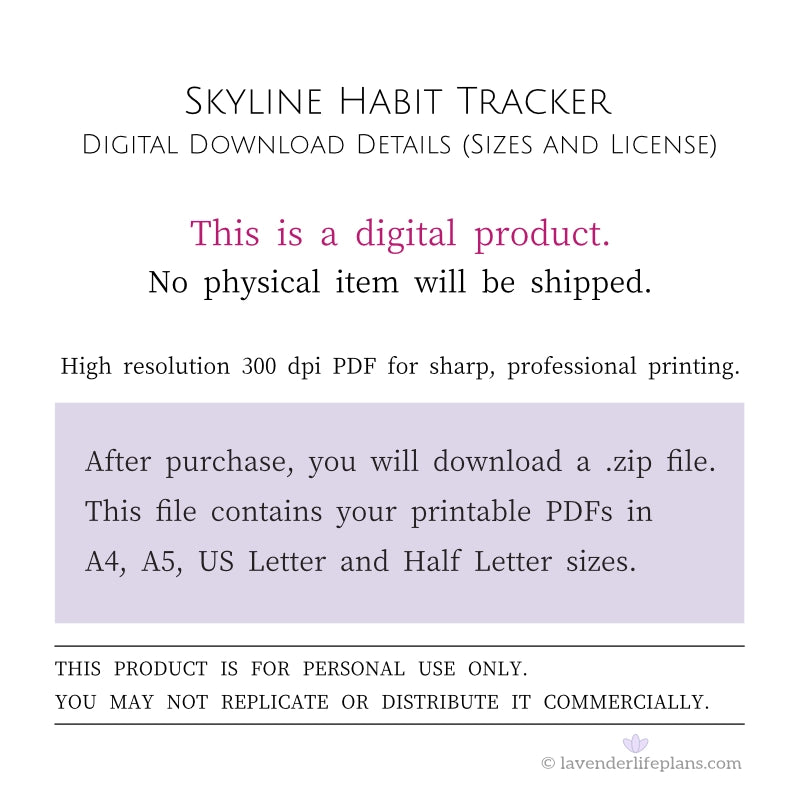 Skyline Habit Tracker Template - Digital Download Details including file sizes and personal use license.