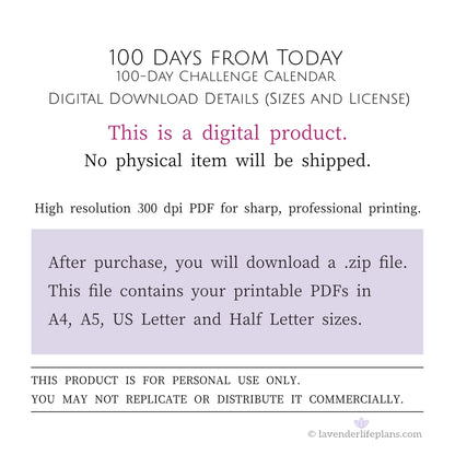 100 Days from Today Challenge Calendar - Digital Download Details including file sizes and personal use license.