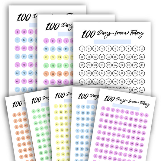 All 8 color variations of the '100 Days from Today' printable 100-day challenge calendar template, including black and white, multicolor, and single color options.