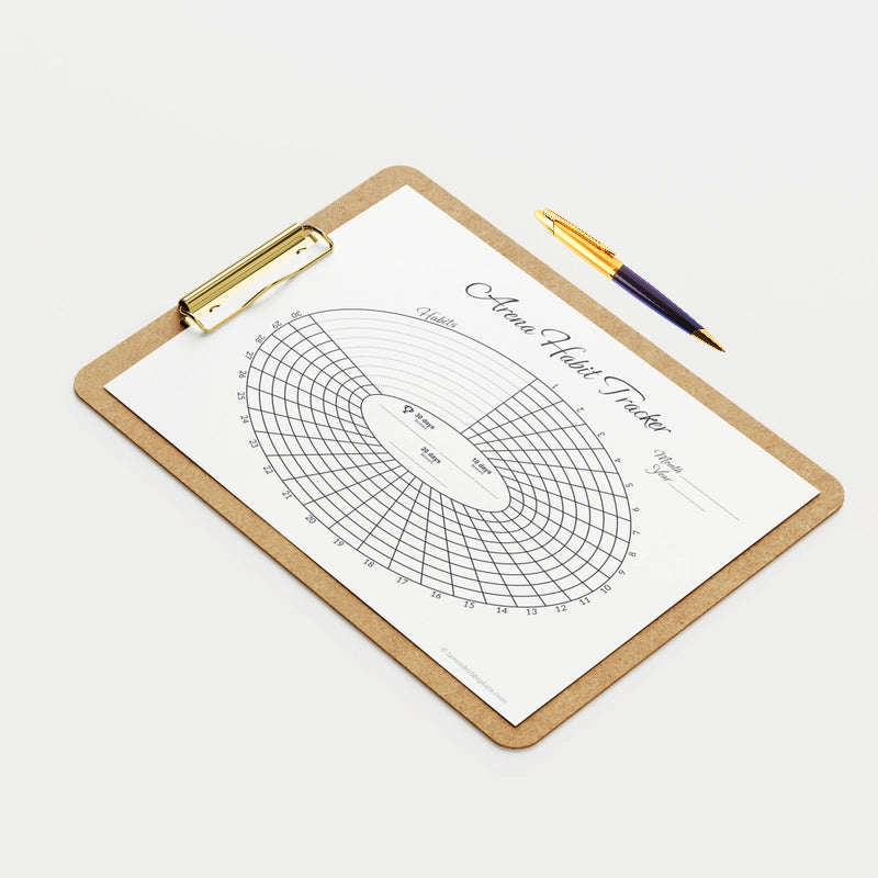 A mockup of the printed black and white Arena Circular Monthly Habit Tracker template on a clipboard, showcasing its clean layout for a 30-day goal challenge.