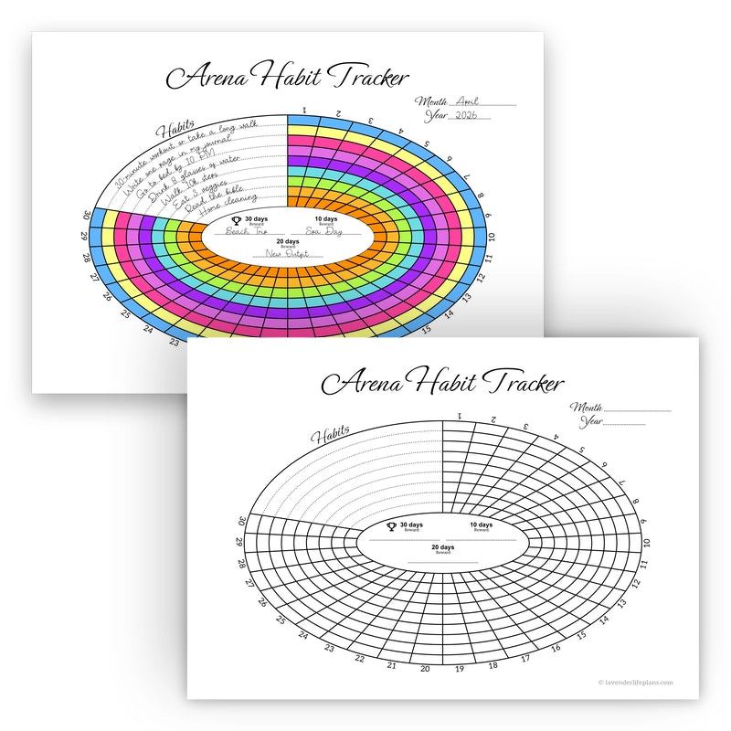 A imagem principal do produto Arena Circular Monthly Habit Tracker, mostrando o modelo imprimível em branco, preto e branco, lado a lado com um exemplo de uso, preenchido e colorido.