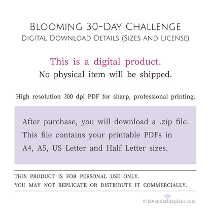 Blooming 30-Day Challenge Template - Digital Download Details including file sizes and personal use license.