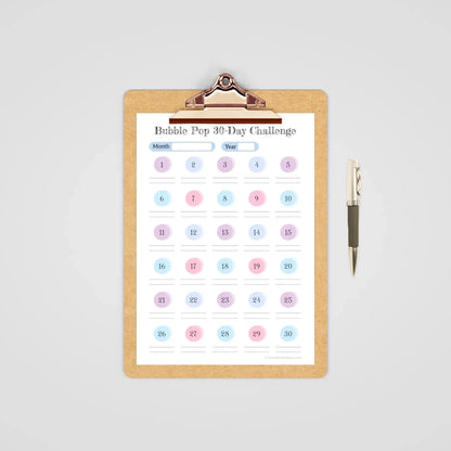 Mockup presenting an example of use for the multi-color version of the Bubble Pop 30-Day Challenge printable template with its circle pattern.