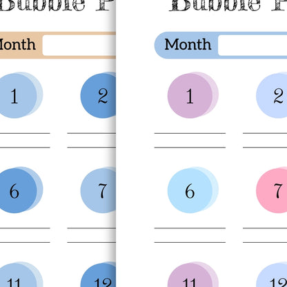 Close-up detail of the Bubble Pop 30-Day Challenge printable template, highlighting the circle pattern design and daily tracking sections in both multi-color and blue tone versions.