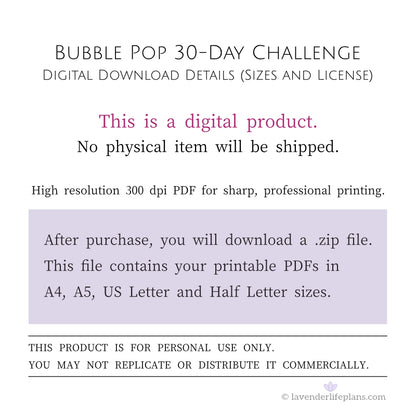 Bubble Pop 30-Day Challenge Template - Digital Download Details including file sizes and personal use license.