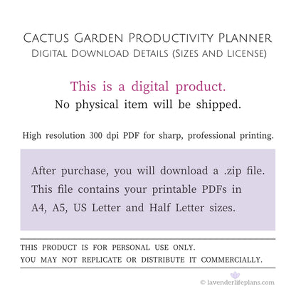 Cactus Garden Productivity Planner - Digital Download Details including file sizes and personal use license.