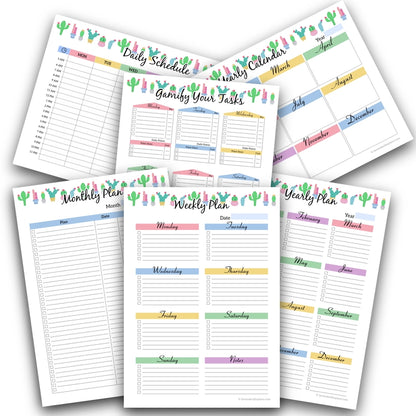 A composition of the 6 printable planner templates from the Cactus Garden Productivity Planner set, shown overlapping with some pages placed at an angle.