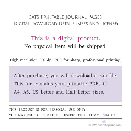 Cats Printable Journal Pages - Digital Download Details including file sizes and personal use license.