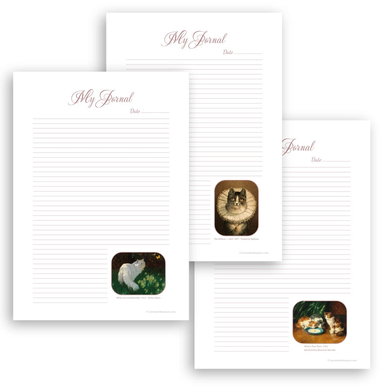 Cats Printable Journal Pages Vintage Oil Painting, three featured pages from the template set shown layered to demonstrate design.