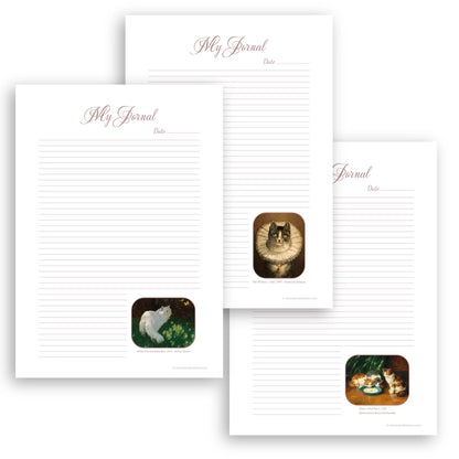 Cats Printable Journal Pages Vintage Oil Painting, three featured pages from the template set shown layered to demonstrate design.