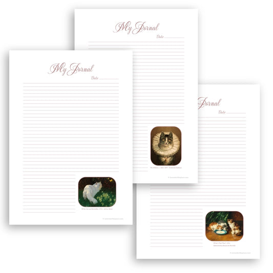 Cats Printable Journal Pages Vintage Oil Painting, three featured pages from the template set shown layered to demonstrate design.